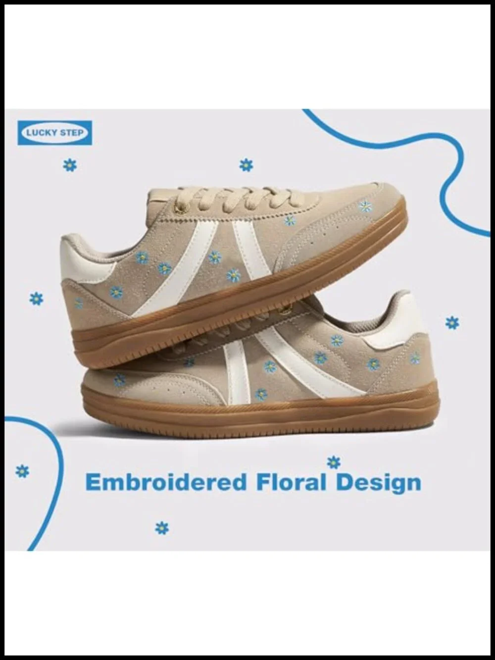 Women Retro Tennis Sneakers Gum Sole Floral Embroidery Slip-Resistant